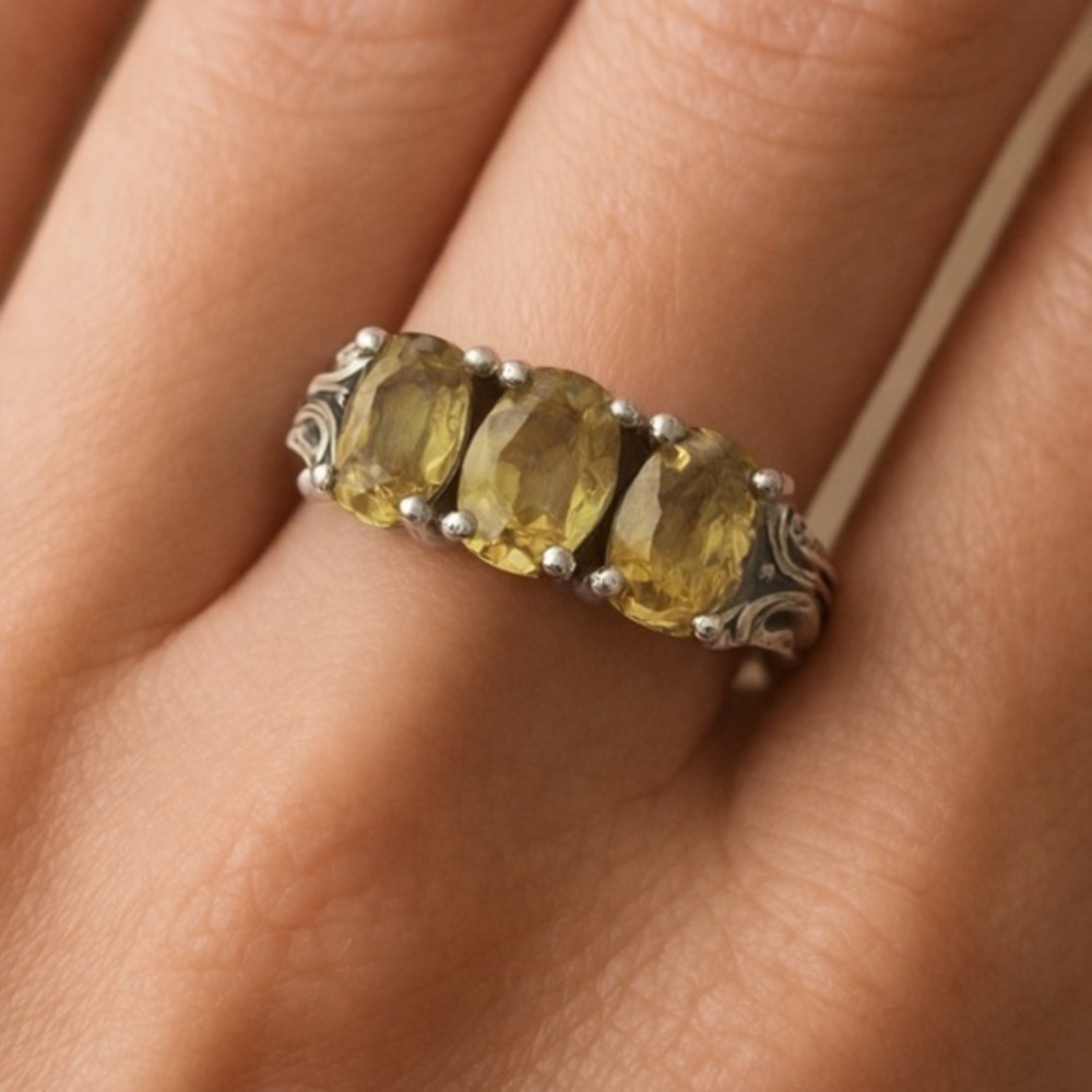 Dark Citrine Genuine Natural Gemstone Triple Oval 925 Silver Ring NWOT 7.75 #375